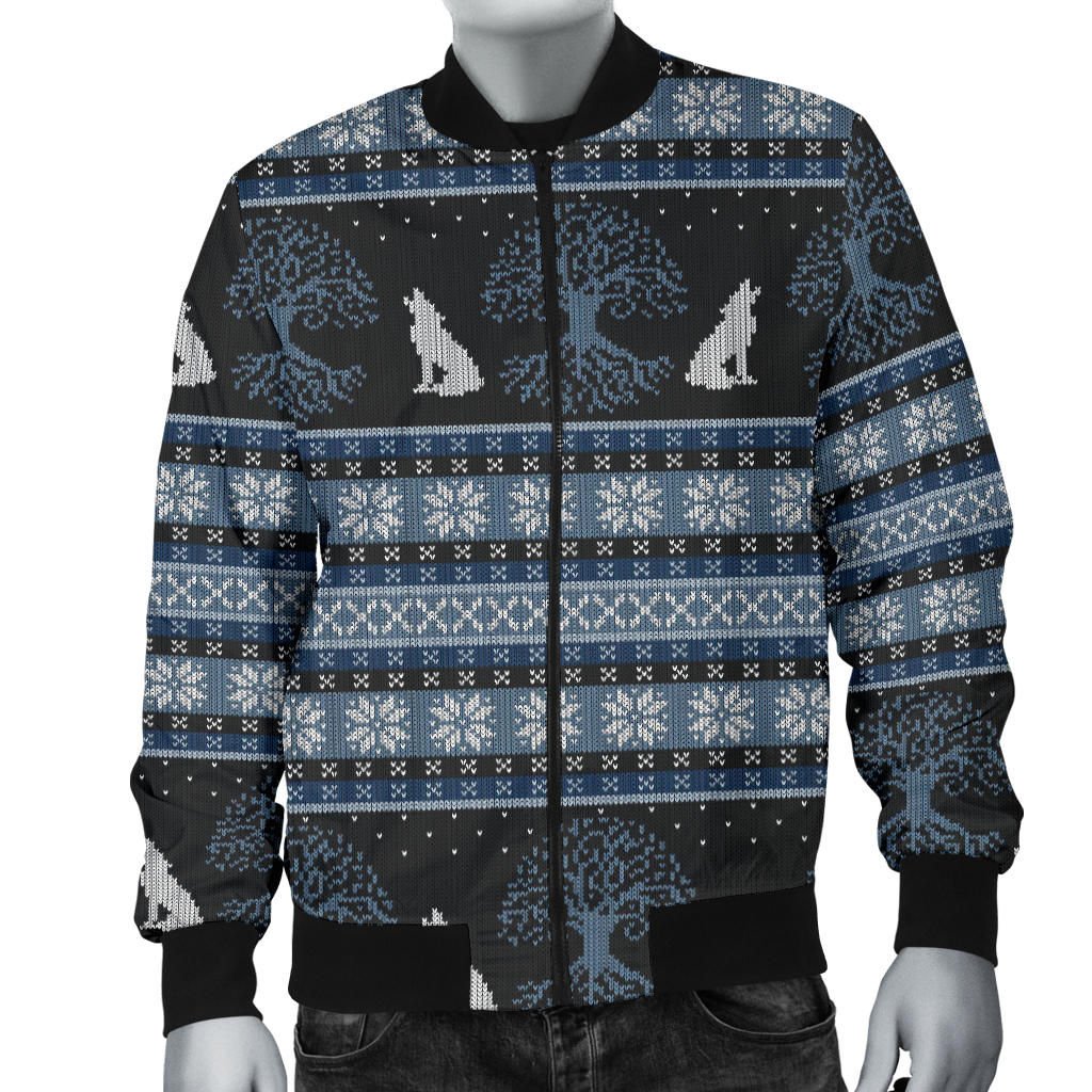 Wolf Tree of Life Knit Design Print Men Bomber Jacket