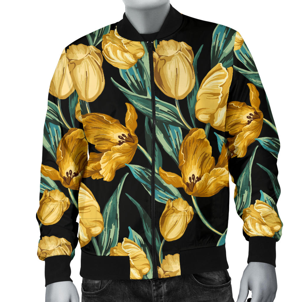 Elegant Yellow Tulip Print Men Bomber Jacket