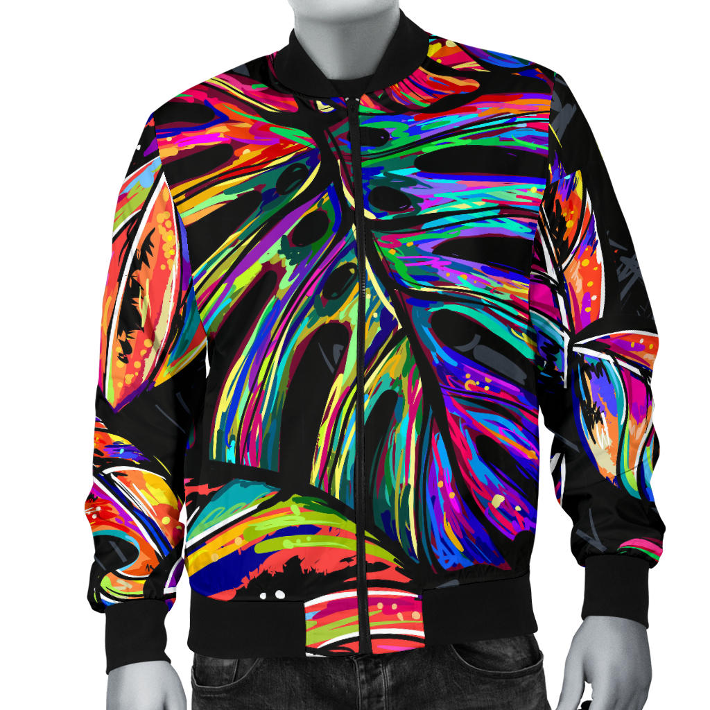 Neon Color Tropical Palm Leaves Men Bomber Jacket
