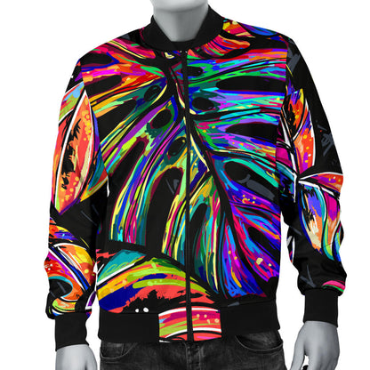 Neon Color Tropical Palm Leaves Men Bomber Jacket