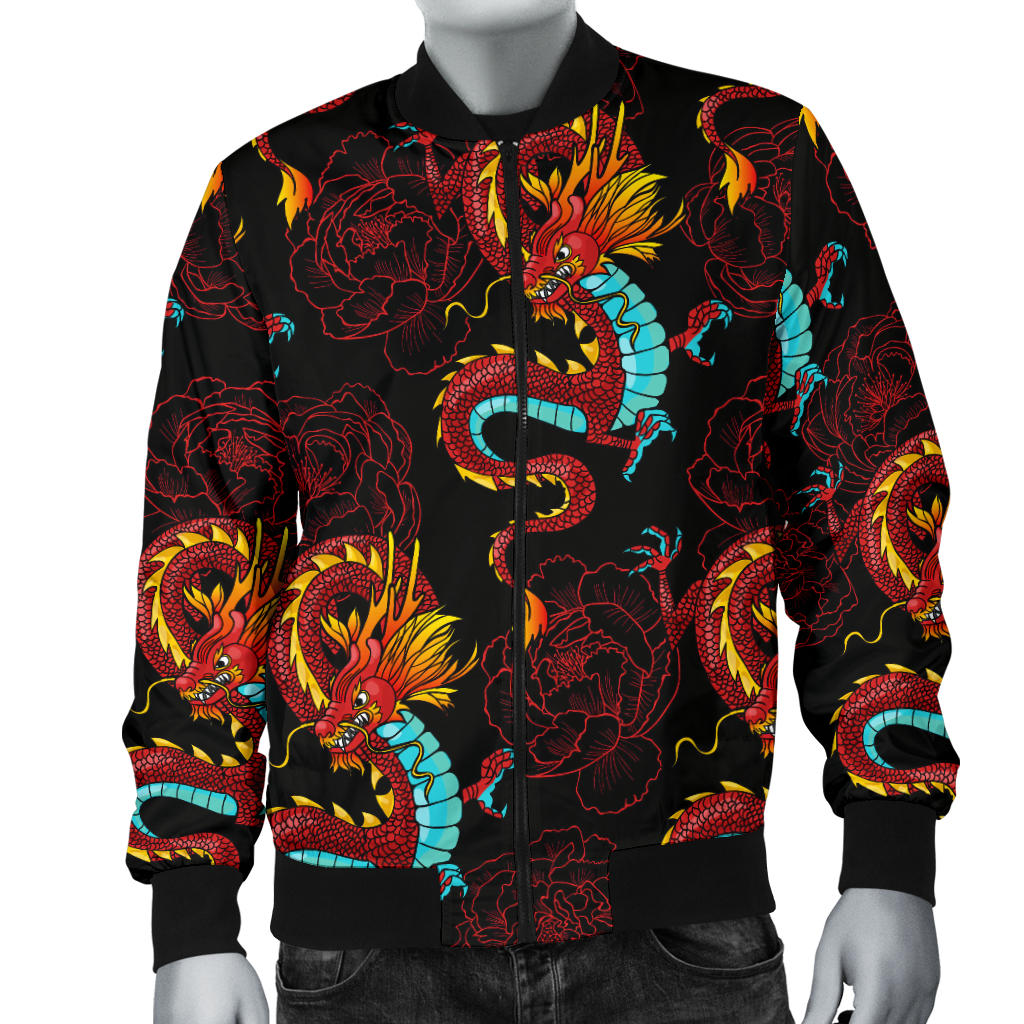 Chinese Dragons and Peonies Design Men Bomber Jacket