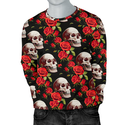 Red Rose Skull Design Print Men Long Sleeve Sweatshirt