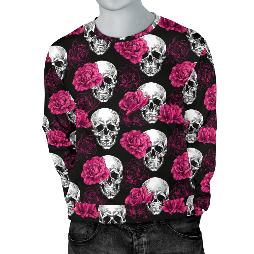 Pink Rose Skull Themed Print Men Long Sleeve Sweatshirt