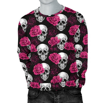 Pink Rose Skull Themed Print Men Long Sleeve Sweatshirt
