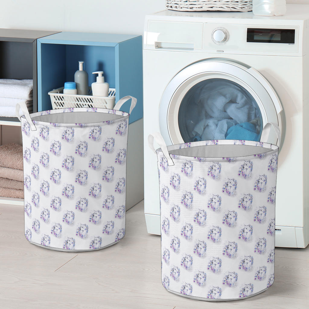 Wolf with Flower Print Design Laundry Basket