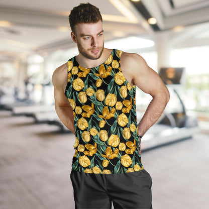 Elegant Yellow Tulip Print Men Tank Top