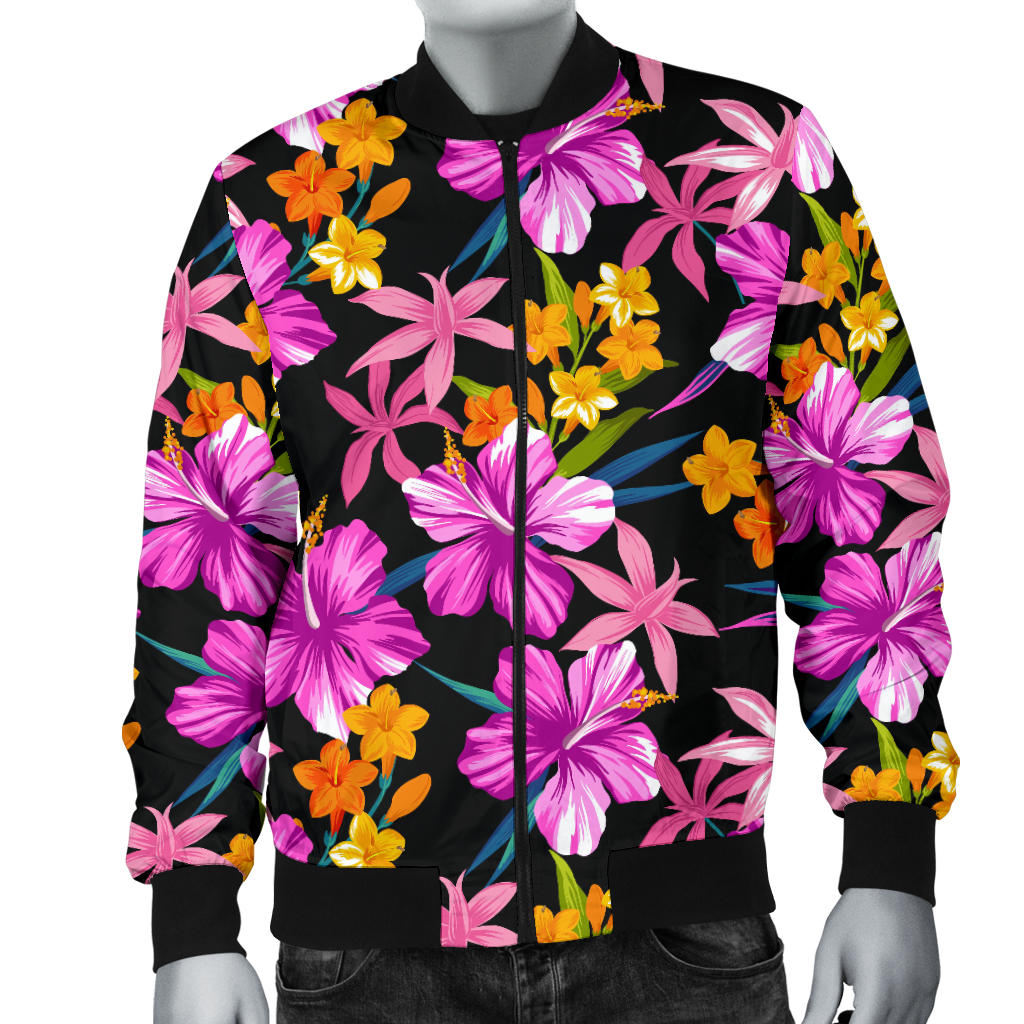 Tropical Folower Pink Hibiscus Print Men Bomber Jacket