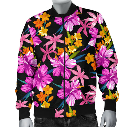 Tropical Folower Pink Hibiscus Print Men Bomber Jacket