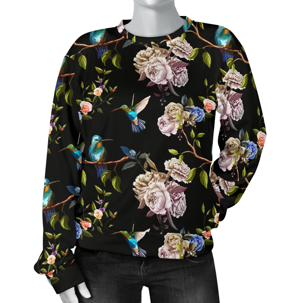 Hummingbird Flower Themed Print Women Long Sleeve Sweatshirt