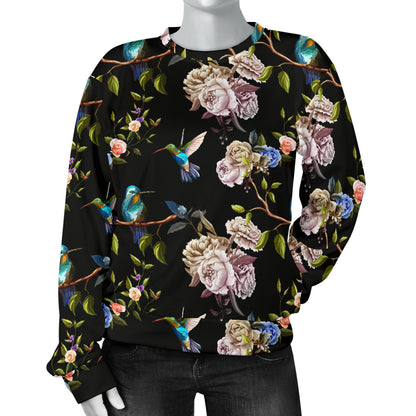 Hummingbird Flower Themed Print Women Long Sleeve Sweatshirt