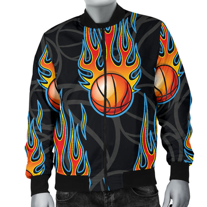 Basketball Fire Print Pattern Men Bomber Jacket