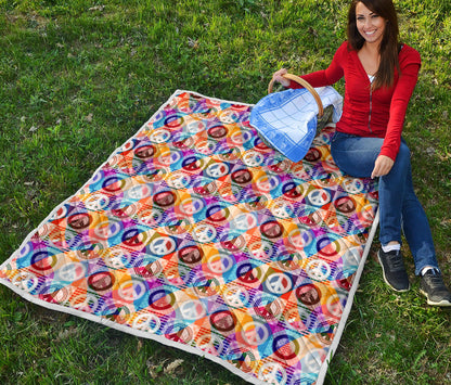 Peace Sign Patchwork Design Print Quilt Bedspread