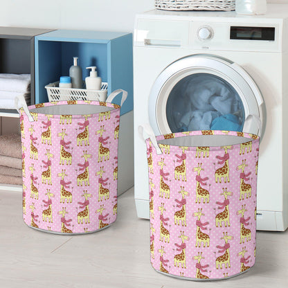 Giraffe Cute Pink Polka Dot Print Laundry Basket