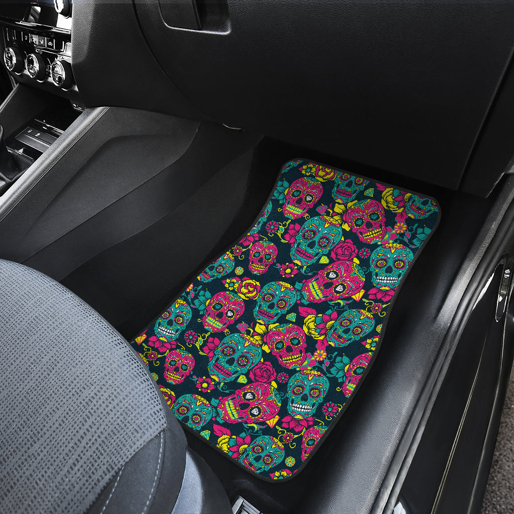 Sugar Skull Floral Design Themed Print Car Floor Mats Front Back