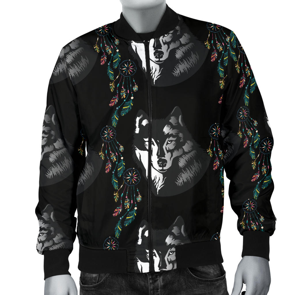 Wolf Black Dream Catcher Design Print Men Bomber Jacket