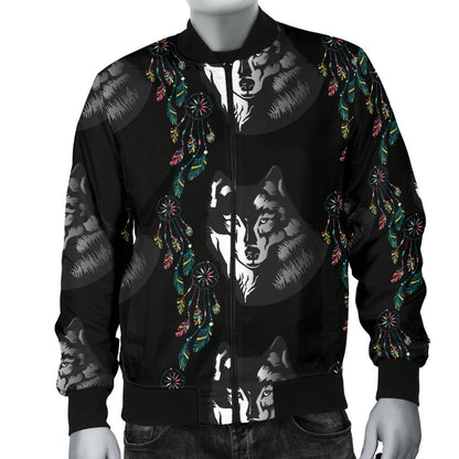Wolf Black Dream Catcher Design Print Men Bomber Jacket