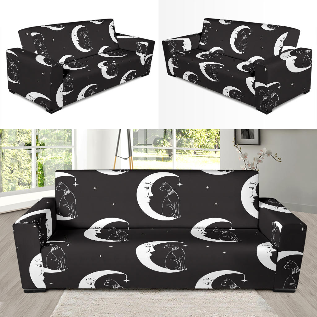 Moon with Cat Pattern Print Design 04 Sofa Slipcover