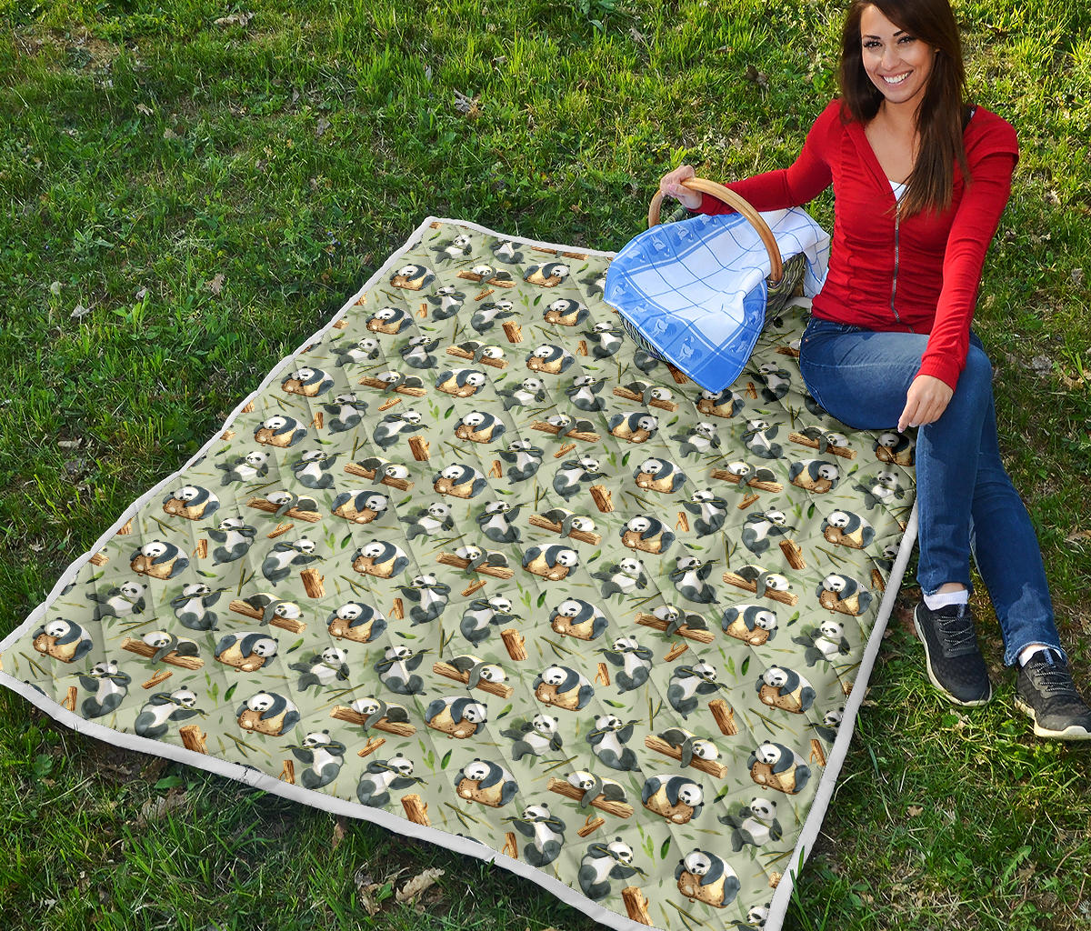 Panda Bear Design Bamboo Print Quilt Bedspread