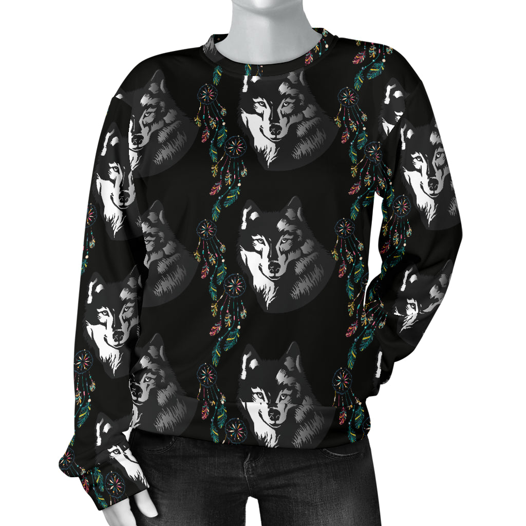Wolf Black Dream Catcher Design Print Women Long Sleeve Sweatshirt