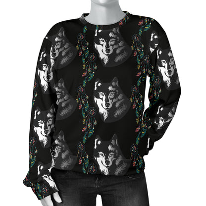 Wolf Black Dream Catcher Design Print Women Long Sleeve Sweatshirt