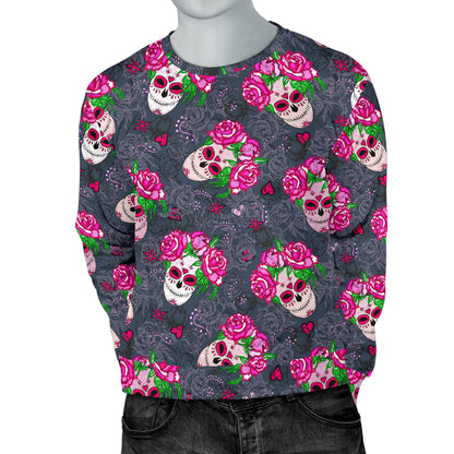 Sugar Skull Pink Rose Themed Print Men Long Sleeve Sweatshirt