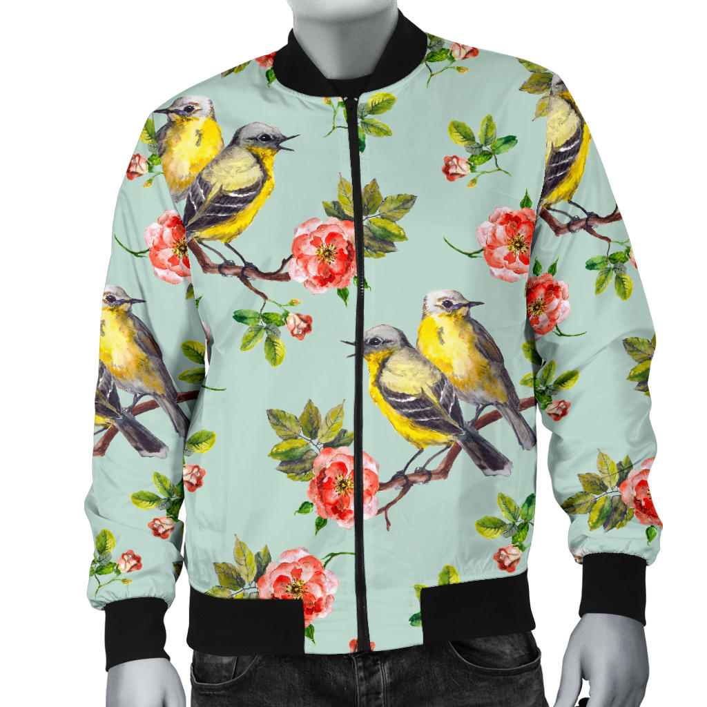 Bird with Red Flower Print Pattern Men Bomber Jacket