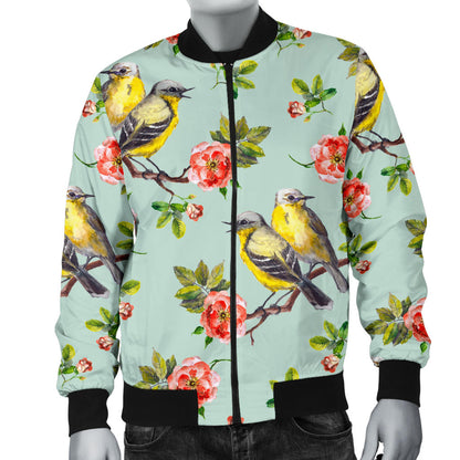 Bird with Red Flower Print Pattern Men Bomber Jacket