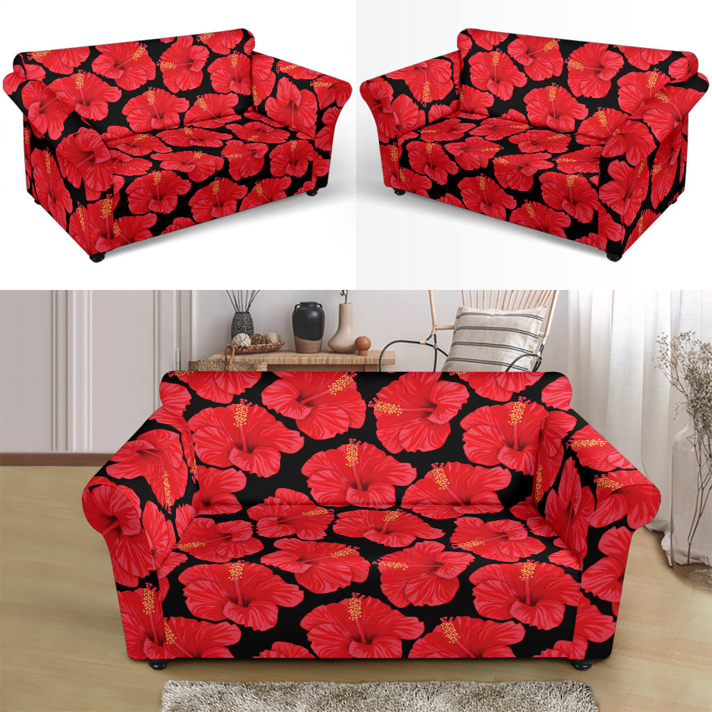 Hibiscus Red Pattern Print Design LKS306 Loveseat Couch Slipcover