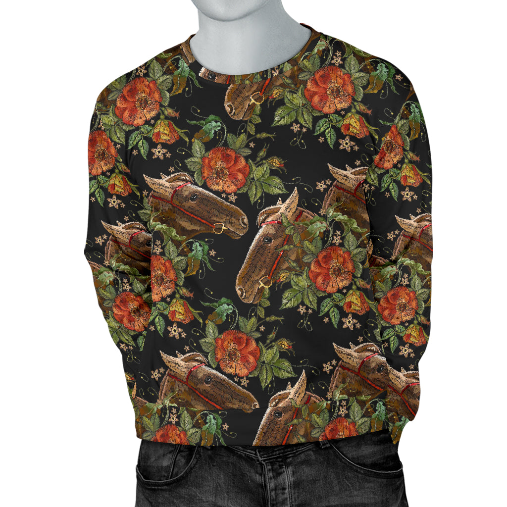 Horse Embroidery with Flower Design Men Long Sleeve Sweatshirt