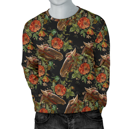 Horse Embroidery with Flower Design Men Long Sleeve Sweatshirt