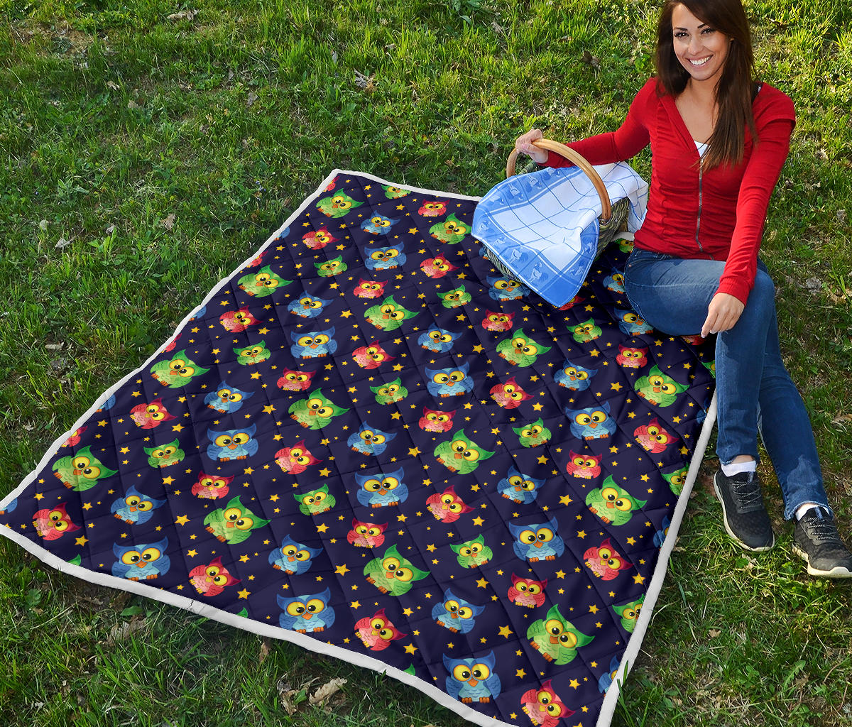 Owl with Star Themed Design Print Quilt Bedspread