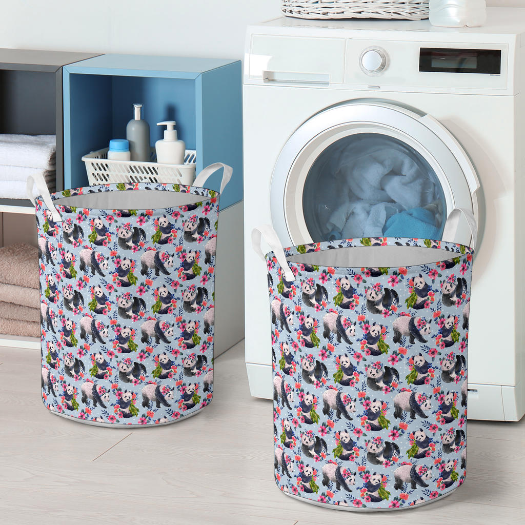 Panda Bear Flower Design Themed Print Laundry Basket
