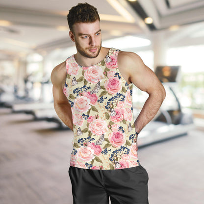 Floral Pink Butterfly Print Men Tank Top