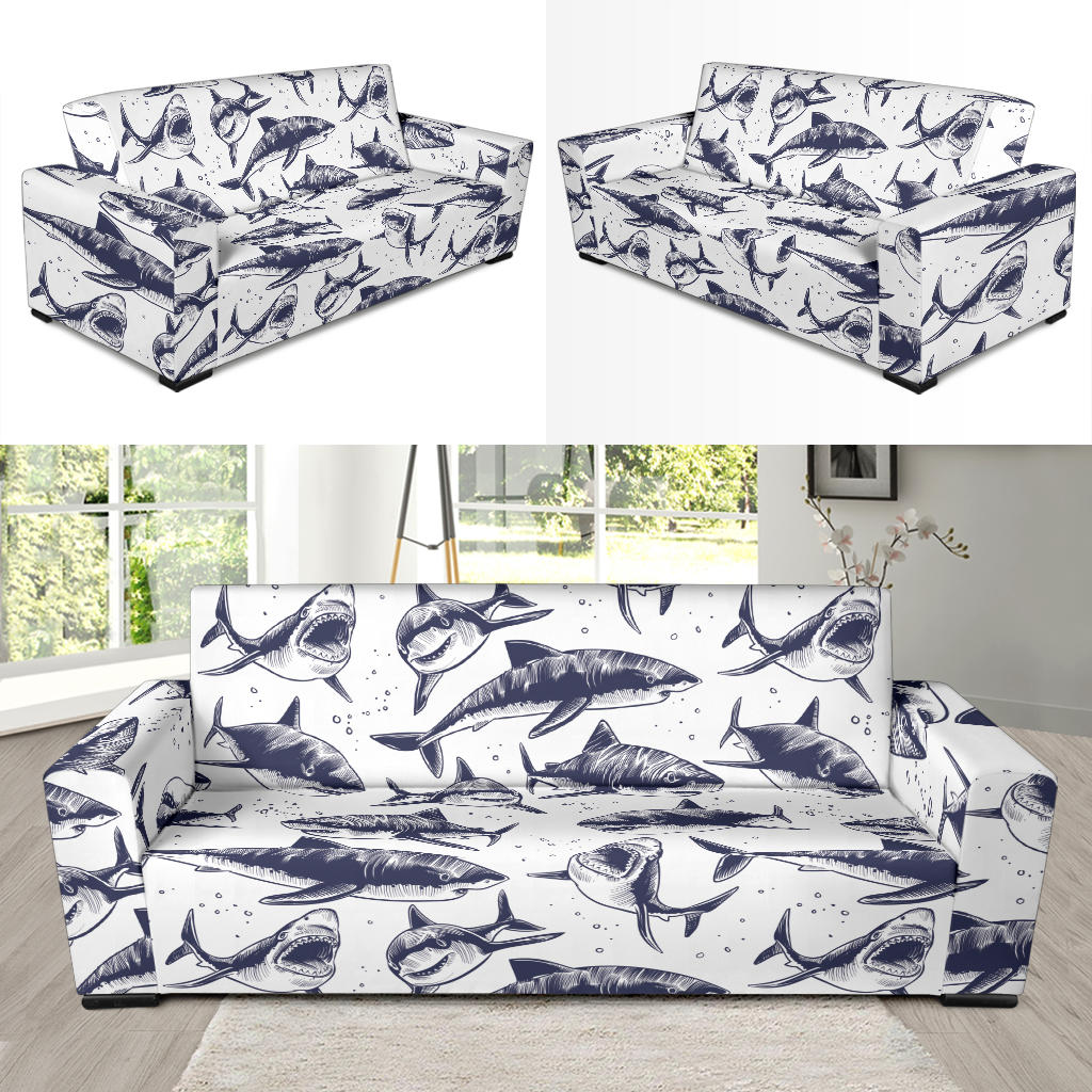 Great White Shark Pattern Print Design 02 Sofa Slipcover