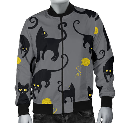 Black Cat Yellow Yarn Print Pattern Men Bomber Jacket