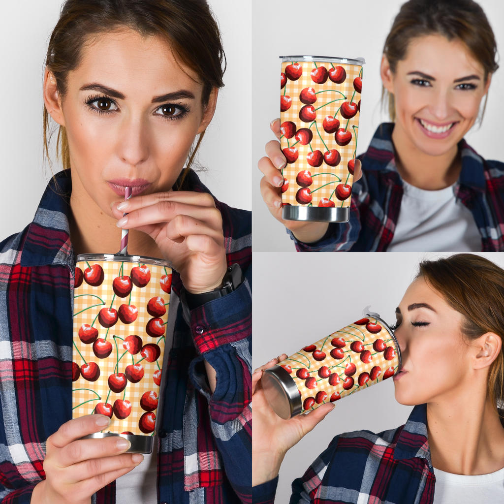 Cherry Orange Plaid Print Tumbler