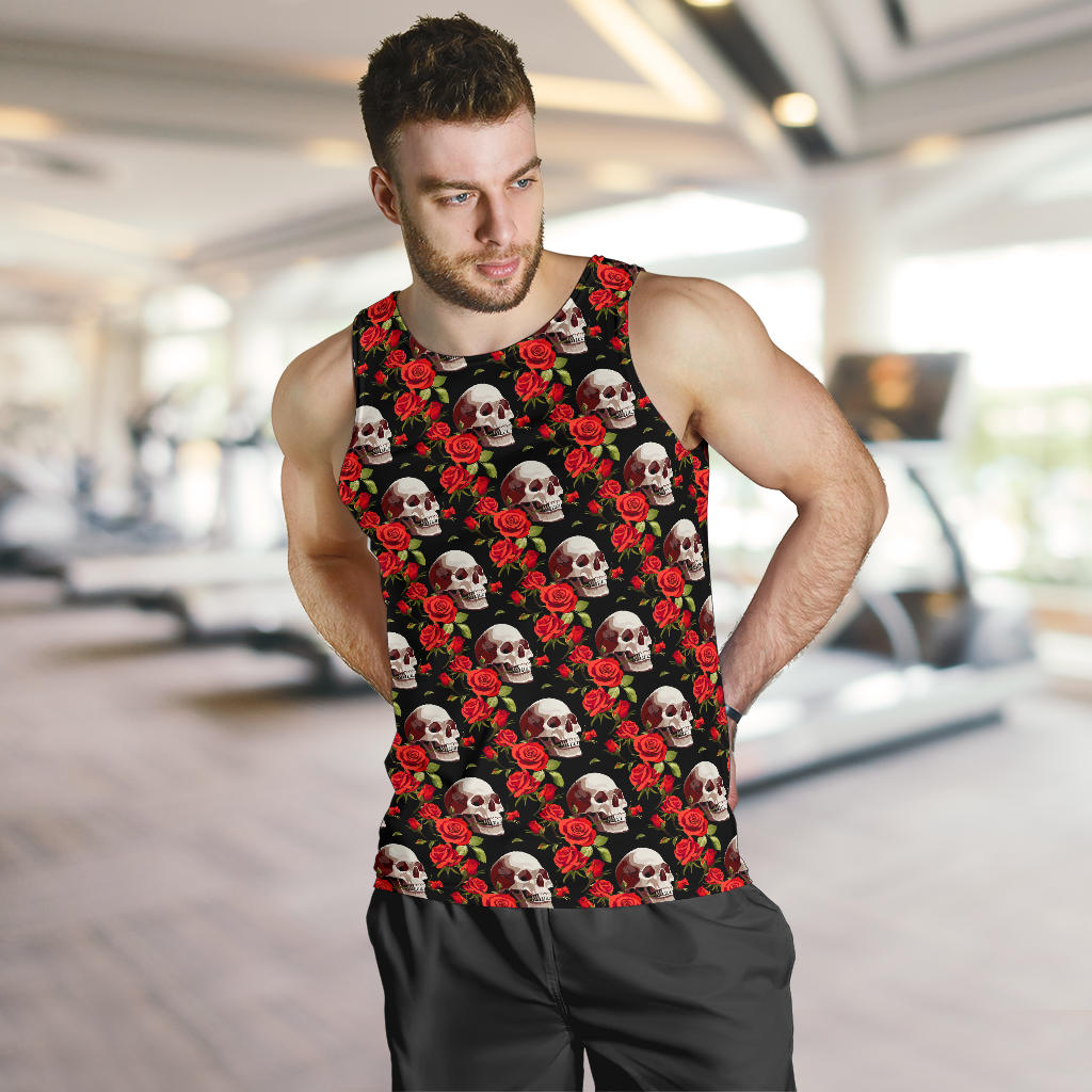 Red Rose Skull Design Print Men Tank Top