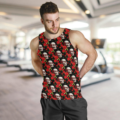 Red Rose Skull Design Print Men Tank Top