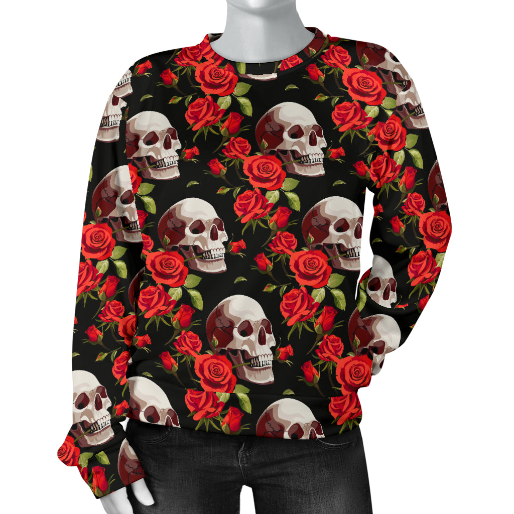 Red Rose Skull Design Print Women Long Sleeve Sweatshirt