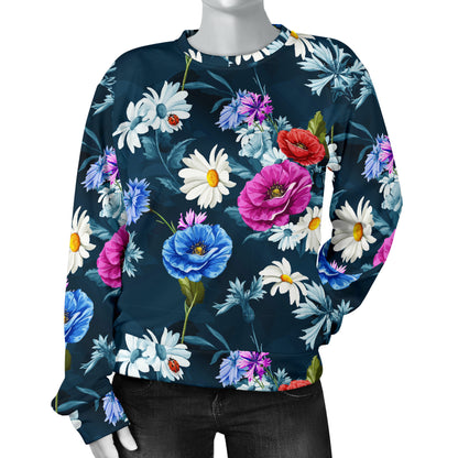 Floral Blue Themed Print Women Long Sleeve Sweatshirt