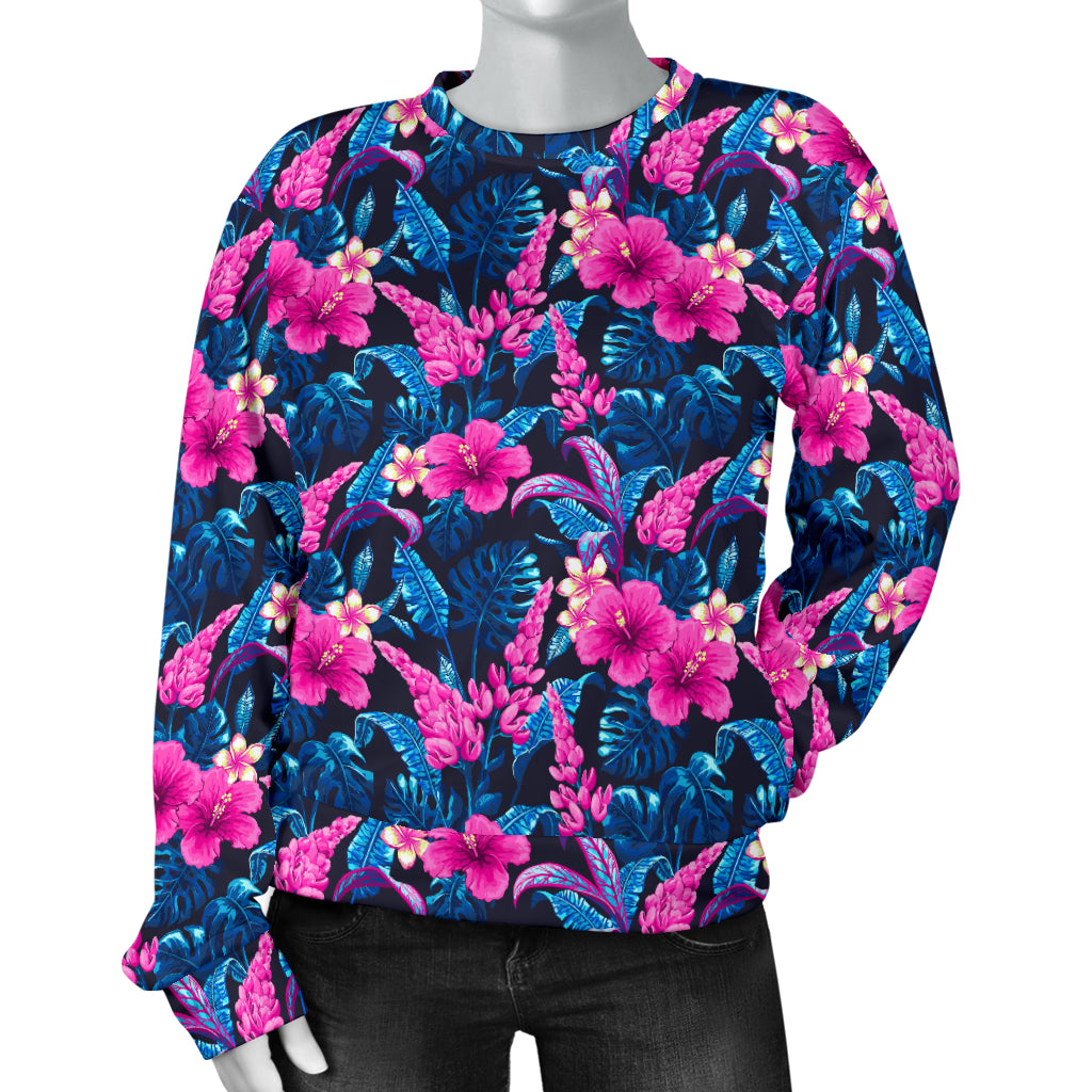 Tropical Folower Pink Themed Print Women Long Sleeve Sweatshirt