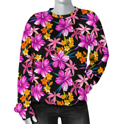 Tropical Folower Pink Hibiscus Print Women Long Sleeve Sweatshirt
