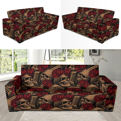 Microphone Skull Rose Pattern Print Design 02 Sofa Slipcover