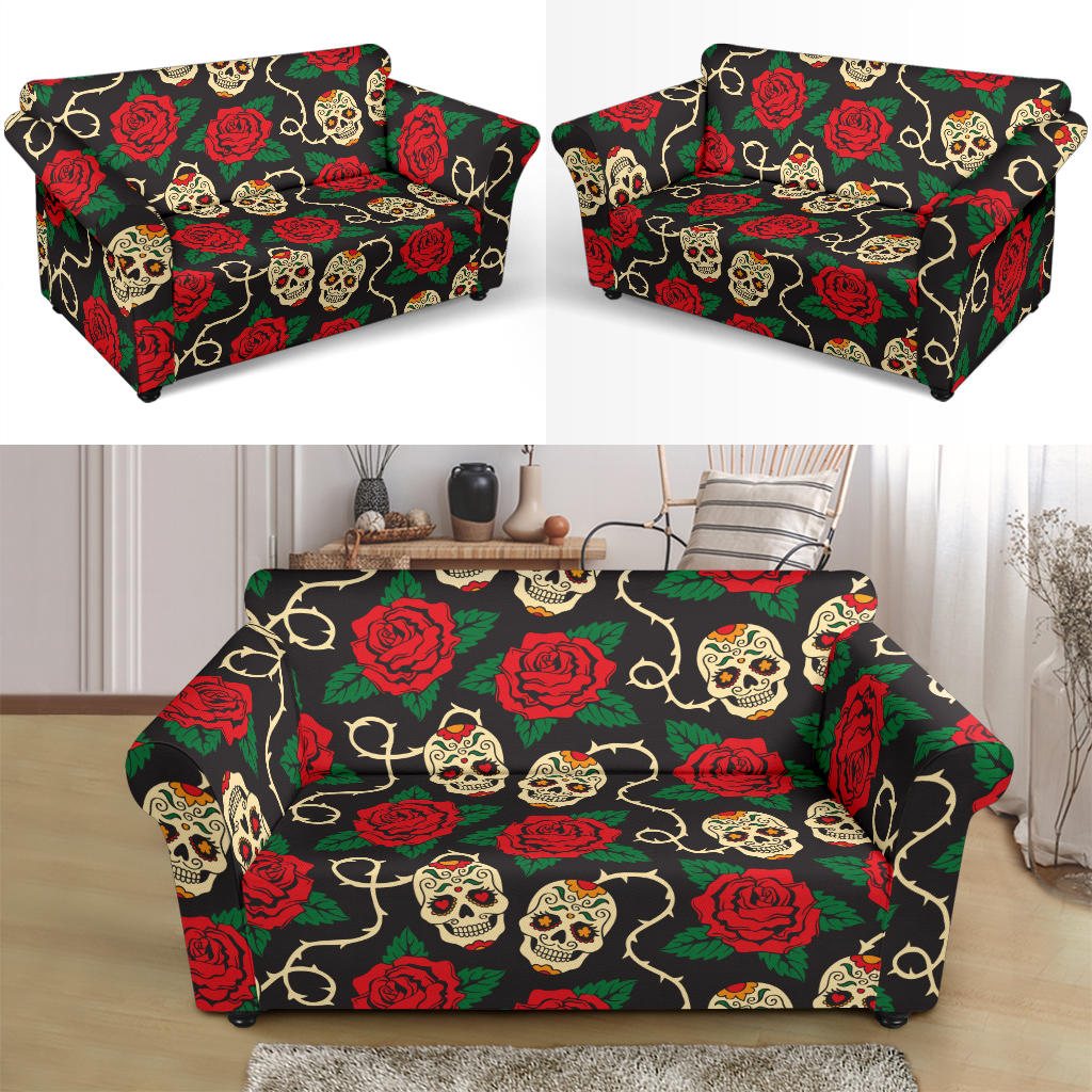 Sugar Skull Red Rose Print Design LKS301 Loveseat Couch Slipcover