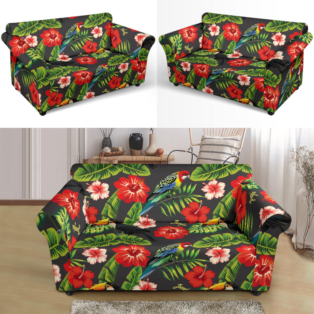 Hibiscus Red With Parrotprint Design LKS303 Loveseat Couch Slipcover