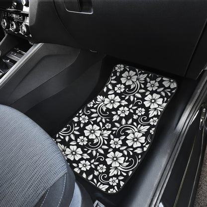 Floral Black White Themed Print Car Floor Mats Front Back