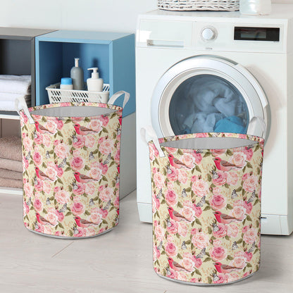 Bird Butterfly Pink Flower Print Pattern Laundry Basket