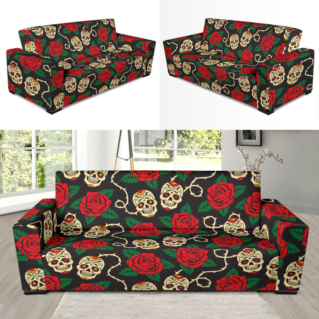 Sugar Skull Red Rose Print Design LKS301 Sofa Slipcover