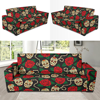 Sugar Skull Red Rose Print Design LKS301 Sofa Slipcover