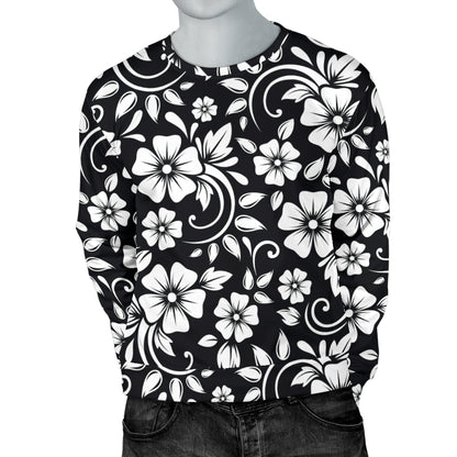 Floral Black White Themed Print Men Long Sleeve Sweatshirt